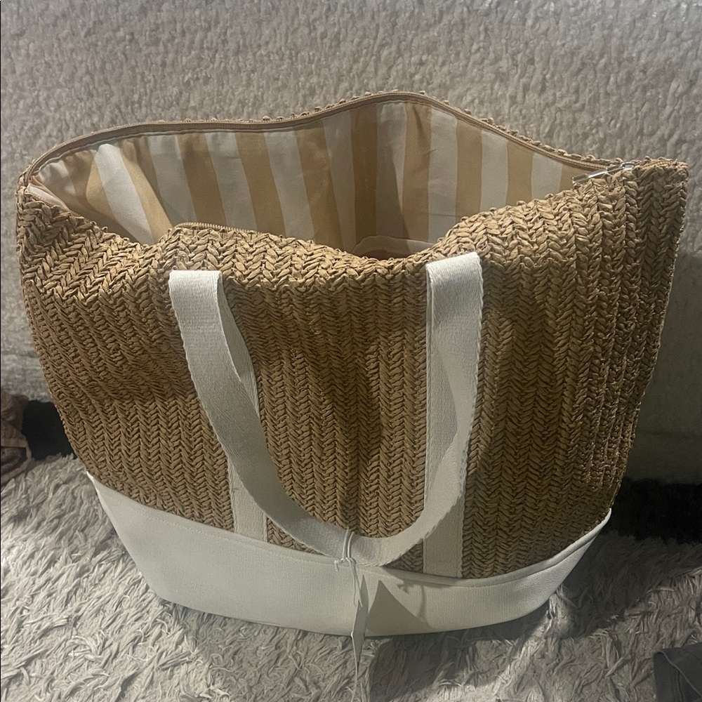 Show Me Your MuMu Tan Straw Tote with White Trim